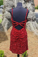 Evening Dress Cheap, Tight Wine Red Sequins Short Homecoming Dress Party Gown