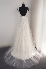 Wedding Dresses Flowers, Trendy Ivory Sleeveless Lace Tulle High split A line Wedding Dress