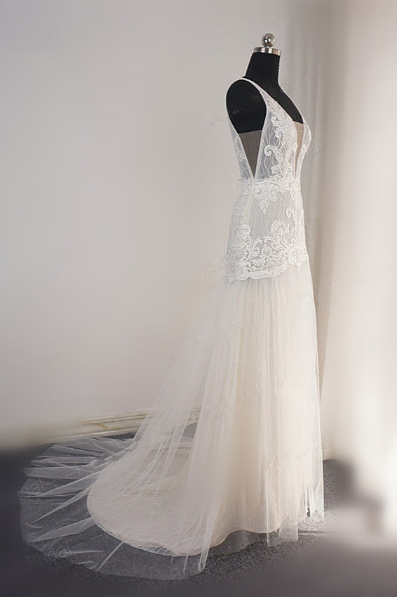 Wedding Dress Ideas, Trendy Ivory Sleeveless Lace Tulle High split A line Wedding Dress