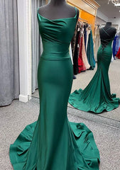 Stunning Dress, Trumpet/Mermaid Cowl Neck Spaghetti Straps Sweep Train Jersey Prom Dress With Pleated