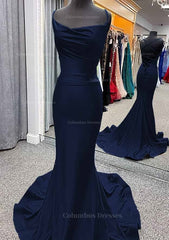 Pleated Dress, Trumpet/Mermaid Cowl Neck Spaghetti Straps Sweep Train Jersey Prom Dress With Pleated