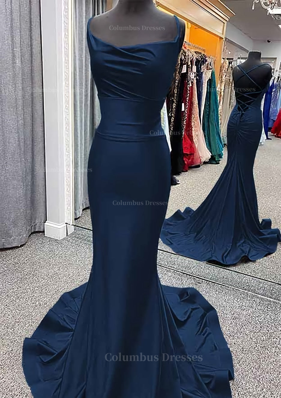 Princess Prom Dress, Trumpet/Mermaid Cowl Neck Spaghetti Straps Sweep Train Jersey Prom Dress With Pleated