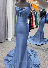 Glamorous Dress, Trumpet/Mermaid Cowl Neck Spaghetti Straps Sweep Train Jersey Prom Dress With Pleated