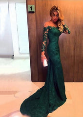 Party Dress Styles, Trumpet/Mermaid Full/Long Sleeve Bateau Chapel Train Lace Prom Dress With Appliqued