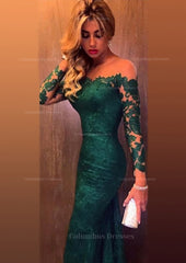 Party Dress Inspiration, Trumpet/Mermaid Full/Long Sleeve Bateau Chapel Train Lace Prom Dress With Appliqued