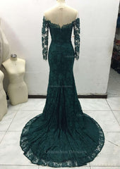 Party Dress Trends, Trumpet/Mermaid Full/Long Sleeve Bateau Chapel Train Lace Prom Dress With Appliqued