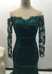 Party Dresses Ladies, Trumpet/Mermaid Full/Long Sleeve Bateau Chapel Train Lace Prom Dress With Appliqued