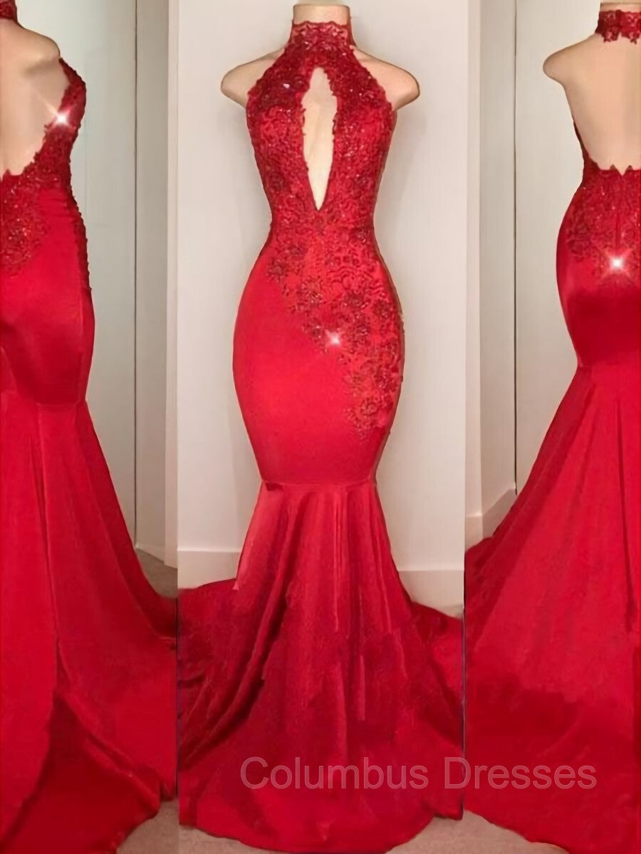 Prom Dresses Pieces, Trumpet/Mermaid Halter Sweep Train Charmeuse Prom Dresses With Appliques Lace