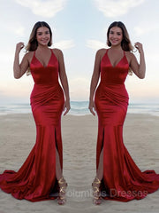 Party Dress Meaning, Trumpet/Mermaid Halter Sweep Train Silk like Satin Prom Dresses With Leg Slit