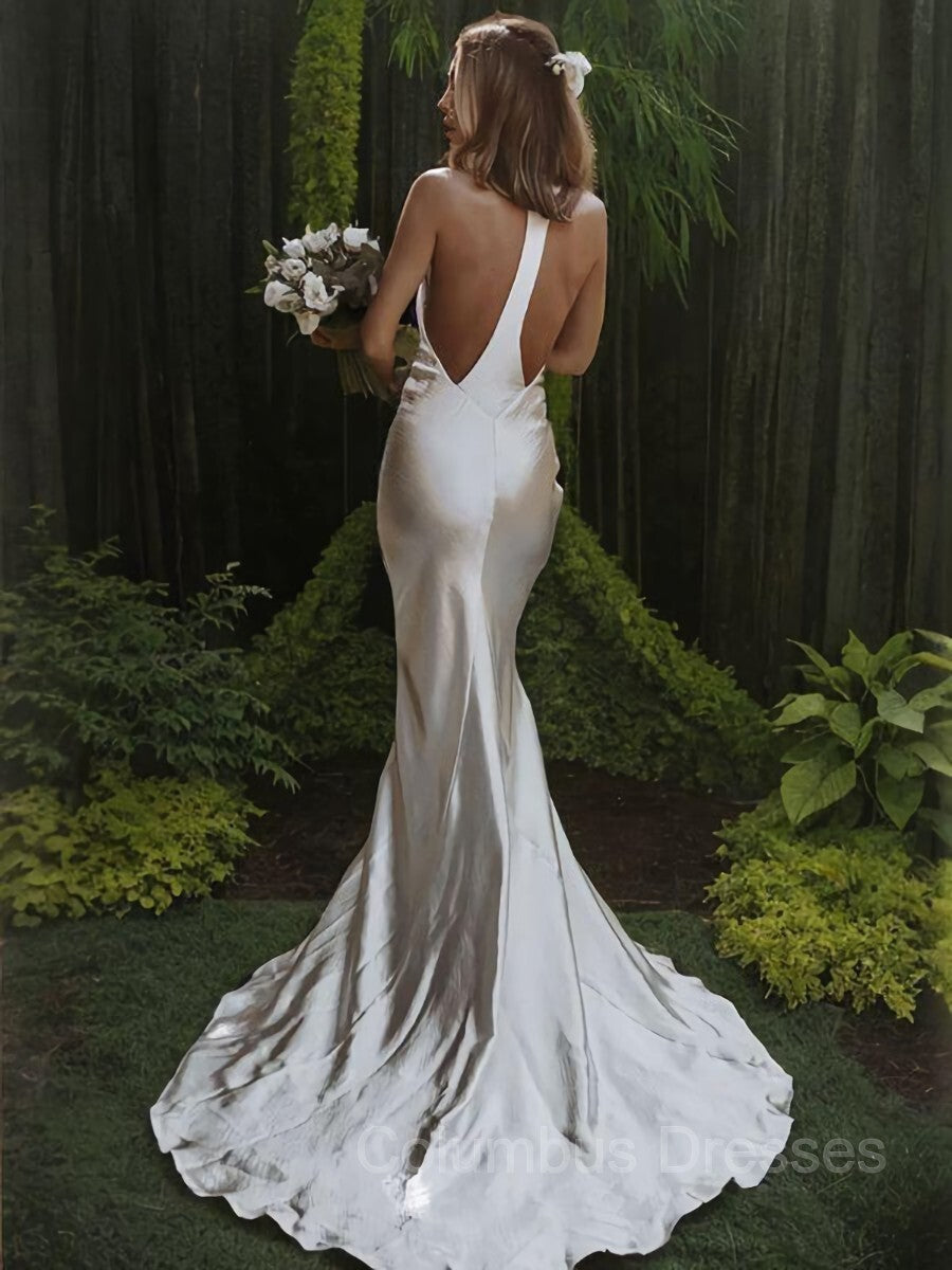 Wedding Dresses Sleeves Lace, Trumpet/Mermaid Halter Sweep Train Taffeta Wedding Dresses
