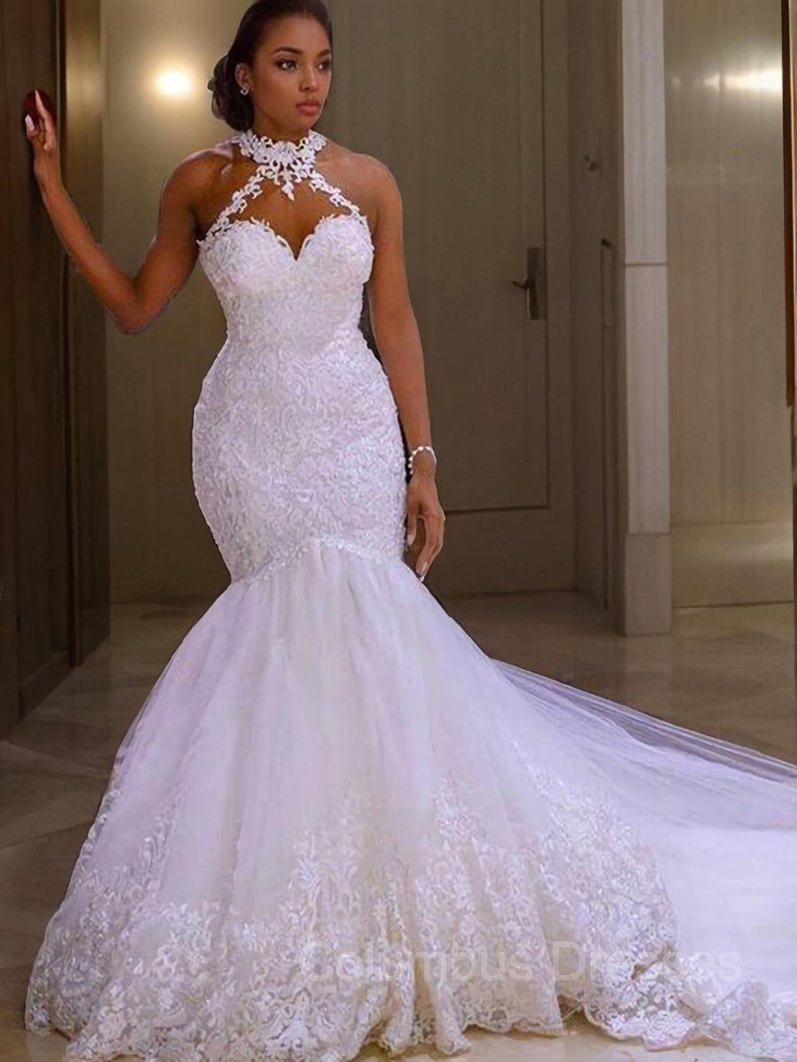 Wedding Dress Styling, Trumpet/Mermaid Halter Sweep Train Tulle Wedding Dresses With Appliques Lace
