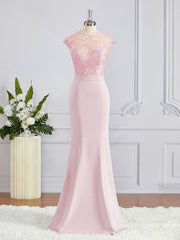 Bridesmaid Dress Color Schemes, Trumpet/Mermaid High Neck Floor-Length Stretch Crepe Bridesmaid Dresses with Appliques Lace