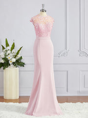 Bridesmaid Dress Colors Scheme, Trumpet/Mermaid High Neck Floor-Length Stretch Crepe Bridesmaid Dresses with Appliques Lace
