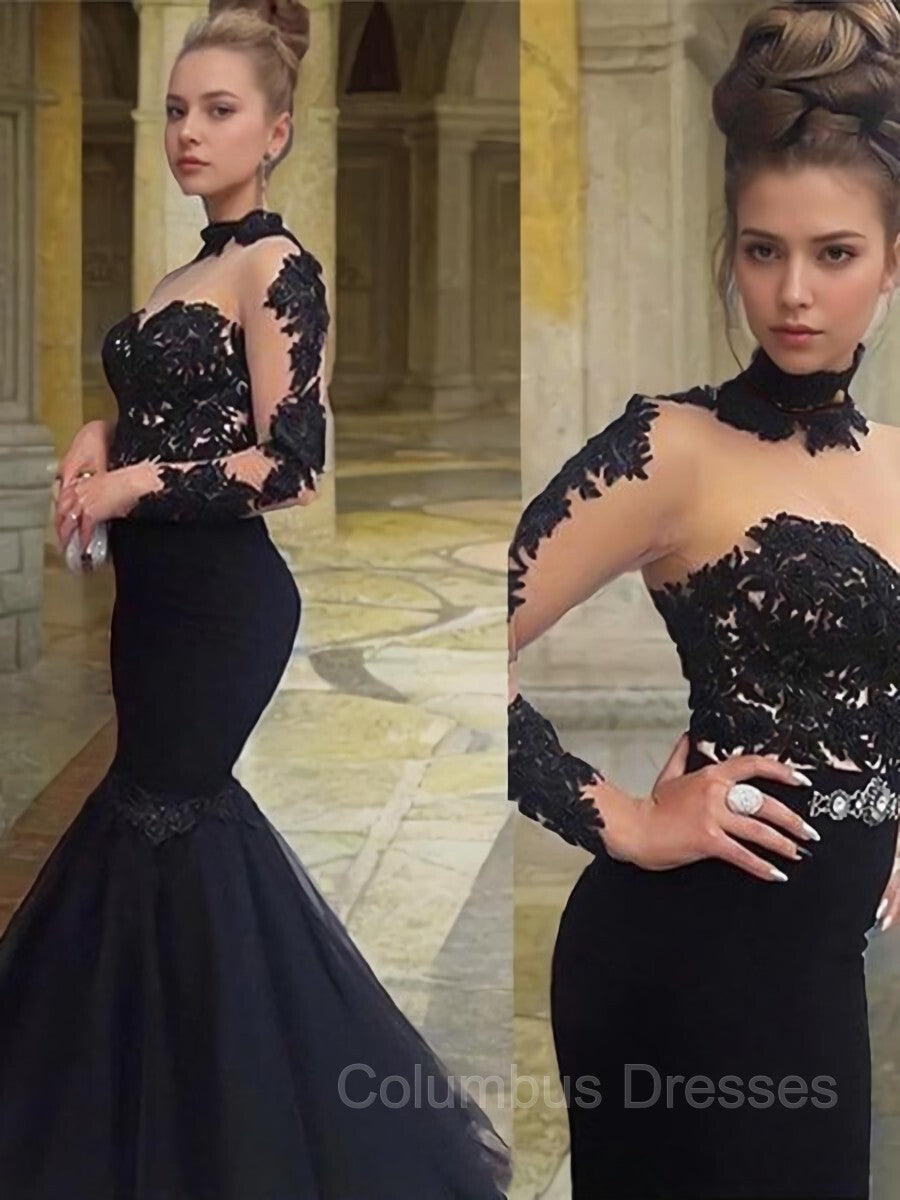 Prom Dresses Backless, Trumpet/Mermaid High Neck Floor-Length Tulle Prom Dresses With Appliques Lace