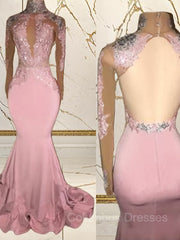 Prom Dresses Gold, Trumpet/Mermaid High Neck Sweep Train Jersey Evening Dresses With Appliques Lace