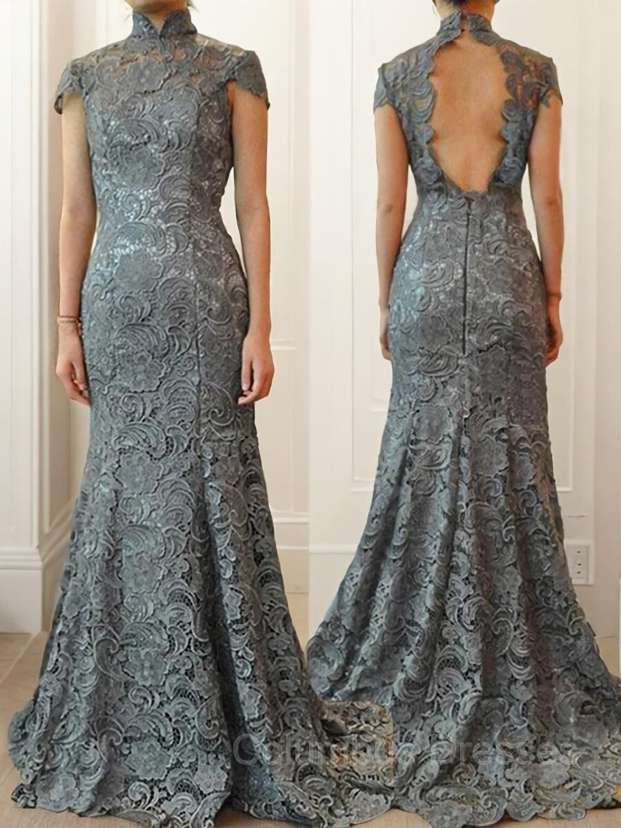 Formal Dress Winter, Trumpet/Mermaid High Neck Sweep Train Lace Mother of the Bride Dresses With Ruffles