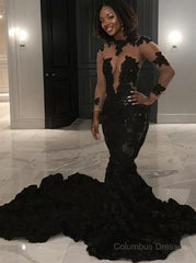 Black Bridesmaid Dress, Trumpet/Mermaid Jewel Chapel Train Lace Evening Dresses With Appliques Lace