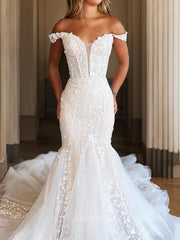 Wedding Dress On Sale, Trumpet/Mermaid Off-the-Shoulder Cathedral Train Tulle Wedding Dresses