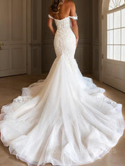 Wedding Dresses On Sale, Trumpet/Mermaid Off-the-Shoulder Cathedral Train Tulle Wedding Dresses