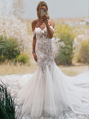 Wedding Dresses Under 207, Trumpet/Mermaid Off-the-Shoulder Cathedral Train Tulle Wedding Dresses With Appliques Lace