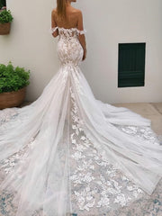 Wedding Dresses Long Sleeves, Trumpet/Mermaid Off-the-Shoulder Cathedral Train Tulle Wedding Dresses With Appliques Lace