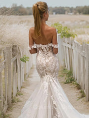 Wedding Dresses For Sale, Trumpet/Mermaid Off-the-Shoulder Cathedral Train Tulle Wedding Dresses With Appliques Lace