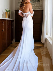 Wedding Dresses With Long Sleves, Trumpet/Mermaid Off-the-Shoulder Chapel Train Charmeuse Wedding Dresses