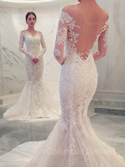 Wedding Dress Sale, Trumpet/Mermaid Off-the-Shoulder Chapel Train Lace Wedding Dresses With Appliques Lace