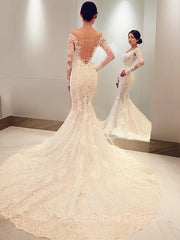 Wedding Dress Different, Trumpet/Mermaid Off-the-Shoulder Chapel Train Lace Wedding Dresses With Appliques Lace