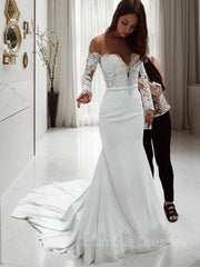 Wedding Dresses Tops, Trumpet/Mermaid Off-the-Shoulder Court Train Chiffon Wedding Dresses