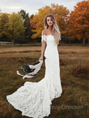 Wedding Dresses Styles, Trumpet/Mermaid Off-the-Shoulder Court Train Lace Wedding Dresses