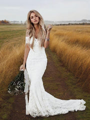 Weddings Dresses Style, Trumpet/Mermaid Off-the-Shoulder Court Train Lace Wedding Dresses