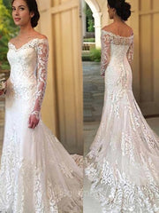 Wedding Dresses Fitted, Trumpet/Mermaid Off-the-Shoulder Court Train Lace Wedding Dresses With Appliques Lace