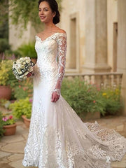 Wedding Dress Fits, Trumpet/Mermaid Off-the-Shoulder Court Train Lace Wedding Dresses With Appliques Lace