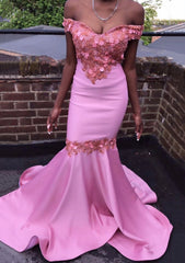 Formal Dresses Over 66, Trumpet/Mermaid Off-the-Shoulder Court Train Satin Prom Dress With Beading Flowers