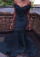 Formal Dresses For Winter Wedding, Trumpet/Mermaid Off-the-Shoulder Court Train Satin Prom Dress With Beading Flowers