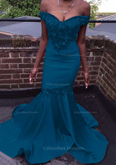 Formal Dresses For Fall Wedding, Trumpet/Mermaid Off-the-Shoulder Court Train Satin Prom Dress With Beading Flowers