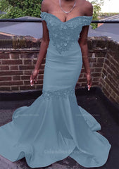 Formal Dress For Girls, Trumpet/Mermaid Off-the-Shoulder Court Train Satin Prom Dress With Beading Flowers