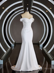 Wedding Dresses A Line Romantic, Trumpet/Mermaid Off-the-Shoulder Court Train Stretch Crepe Wedding Dresses with Pleated