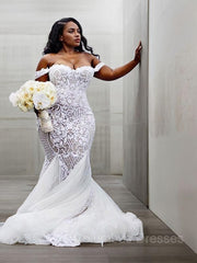 Wedding Dress On A Budget, Trumpet/Mermaid Off-the-Shoulder Court Train Tulle Wedding Dresses