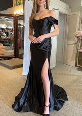 Long Dress Design, Trumpet/Mermaid Off-the-Shoulder Regular Straps Court Train Silk like Satin Prom Dress With Pleated Split
