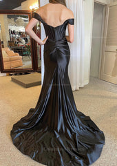 Homecoming Dresses Long, Trumpet/Mermaid Off-the-Shoulder Regular Straps Court Train Silk like Satin Prom Dress With Pleated Split