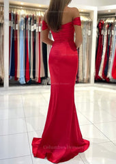 Party Dress Dress, Trumpet/Mermaid Off-the-Shoulder Short Sleeve Long/Floor-Length Satin Prom Dress With Pleated Split