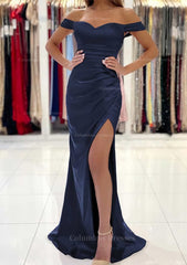 Party Dress Style, Trumpet/Mermaid Off-the-Shoulder Short Sleeve Long/Floor-Length Satin Prom Dress With Pleated Split