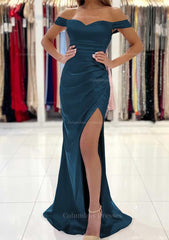 Party Dresses Style, Trumpet/Mermaid Off-the-Shoulder Short Sleeve Long/Floor-Length Satin Prom Dress With Pleated Split