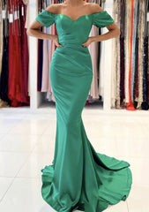 Party Dresses Long Dresses, Trumpet/Mermaid Off-the-Shoulder Short Sleeve Satin Sweep Train Prom Dress With Pleated