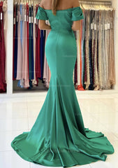 Party Dress Long Dress, Trumpet/Mermaid Off-the-Shoulder Short Sleeve Satin Sweep Train Prom Dress With Pleated