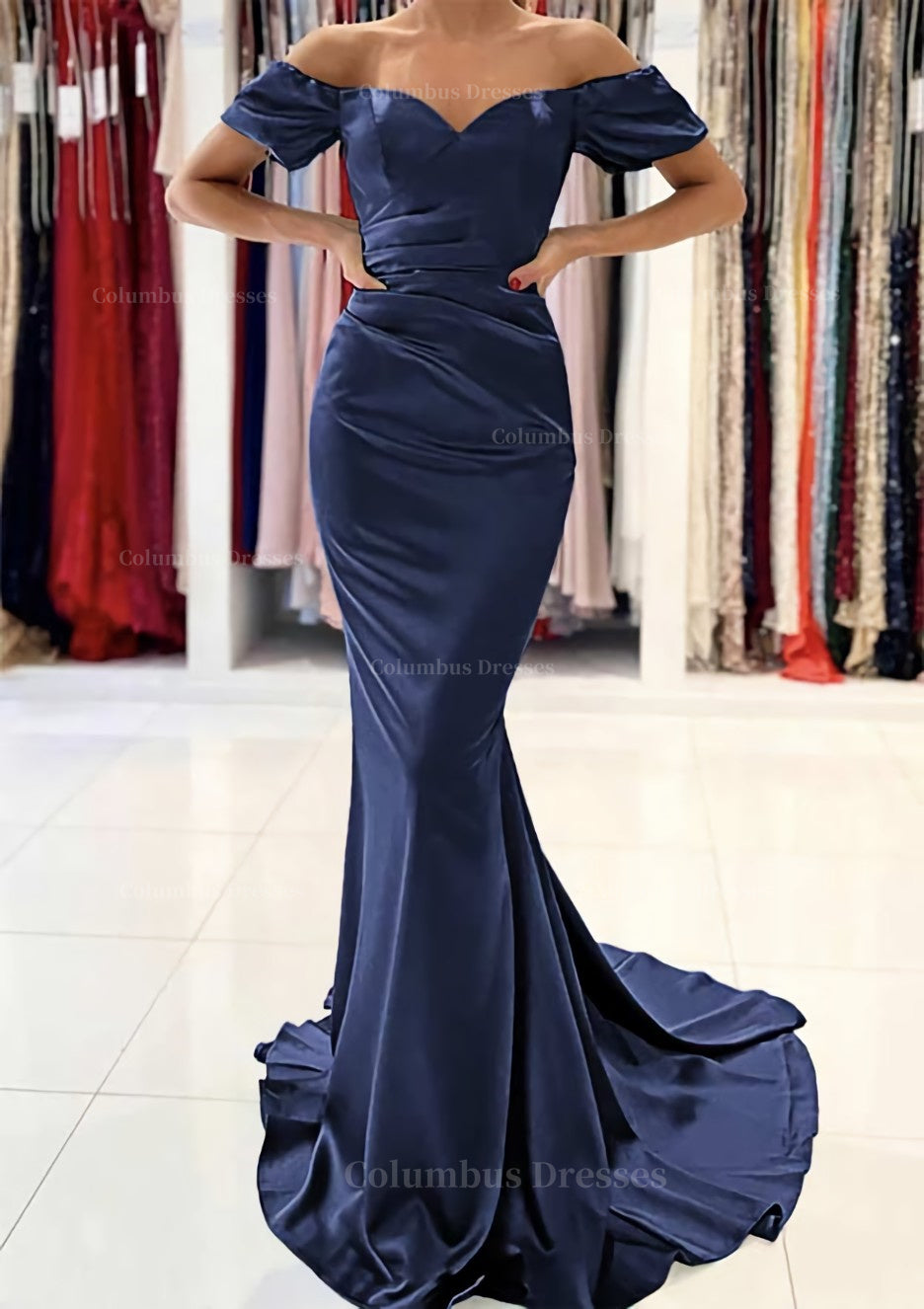 Party Dresses Express, Trumpet/Mermaid Off-the-Shoulder Short Sleeve Satin Sweep Train Prom Dress With Pleated