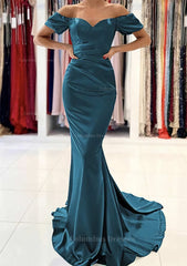 Party Dress Express, Trumpet/Mermaid Off-the-Shoulder Short Sleeve Satin Sweep Train Prom Dress With Pleated