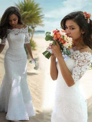 Wedding Dresses For Bridesmaids, Trumpet/Mermaid Off-the-Shoulder Sweep Train Lace Wedding Dresses